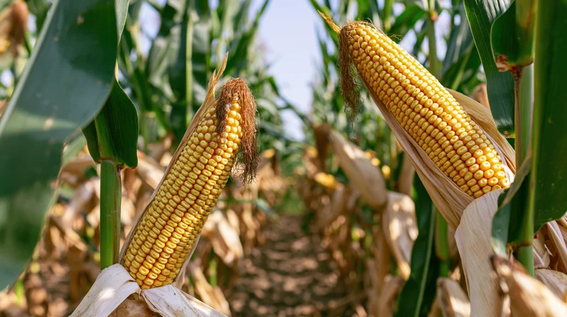Ripe corn ears with golden kernels and dry silk tassels in a field row