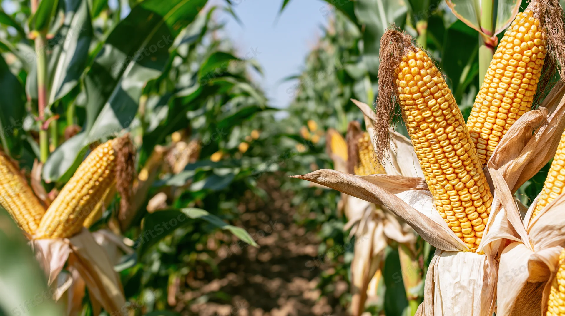 Ripe corn ears with golden kernels and dry silk tassels in a field