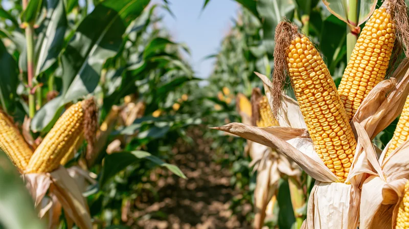 Ripe corn ears with golden kernels and dry silk tassels in a field