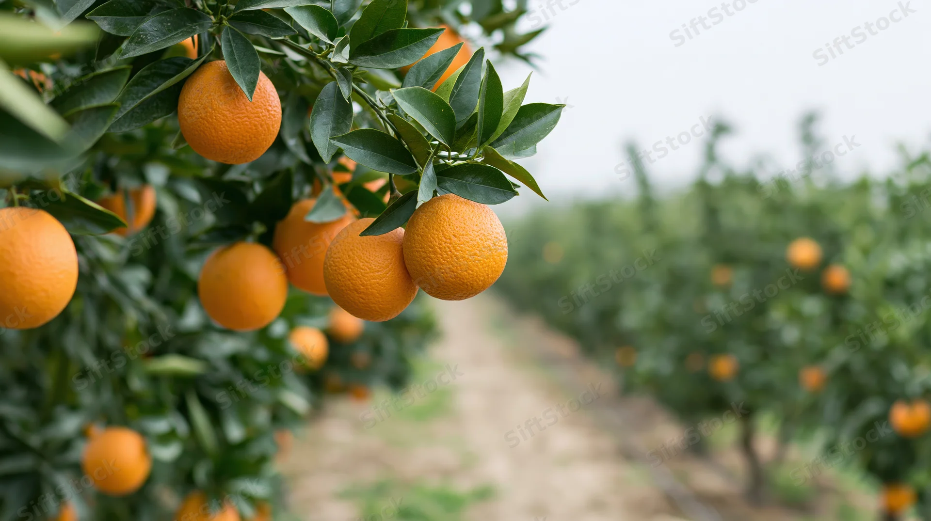 Ripe oranges hanging on citrus trees in an orchard row