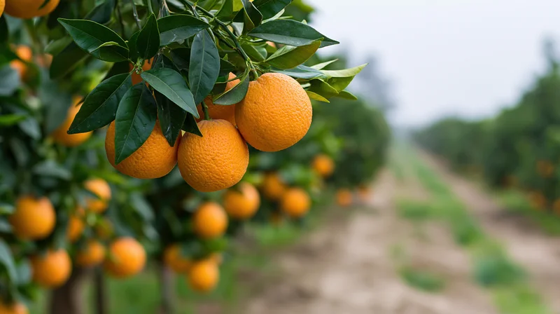 Ripe oranges hanging on a citrus tree in an orchard row