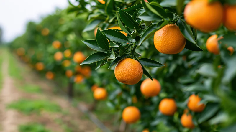 Ripe oranges hanging on citrus trees in a commercial orchard