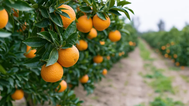 Ripe oranges hanging on citrus trees in a row in an orchard