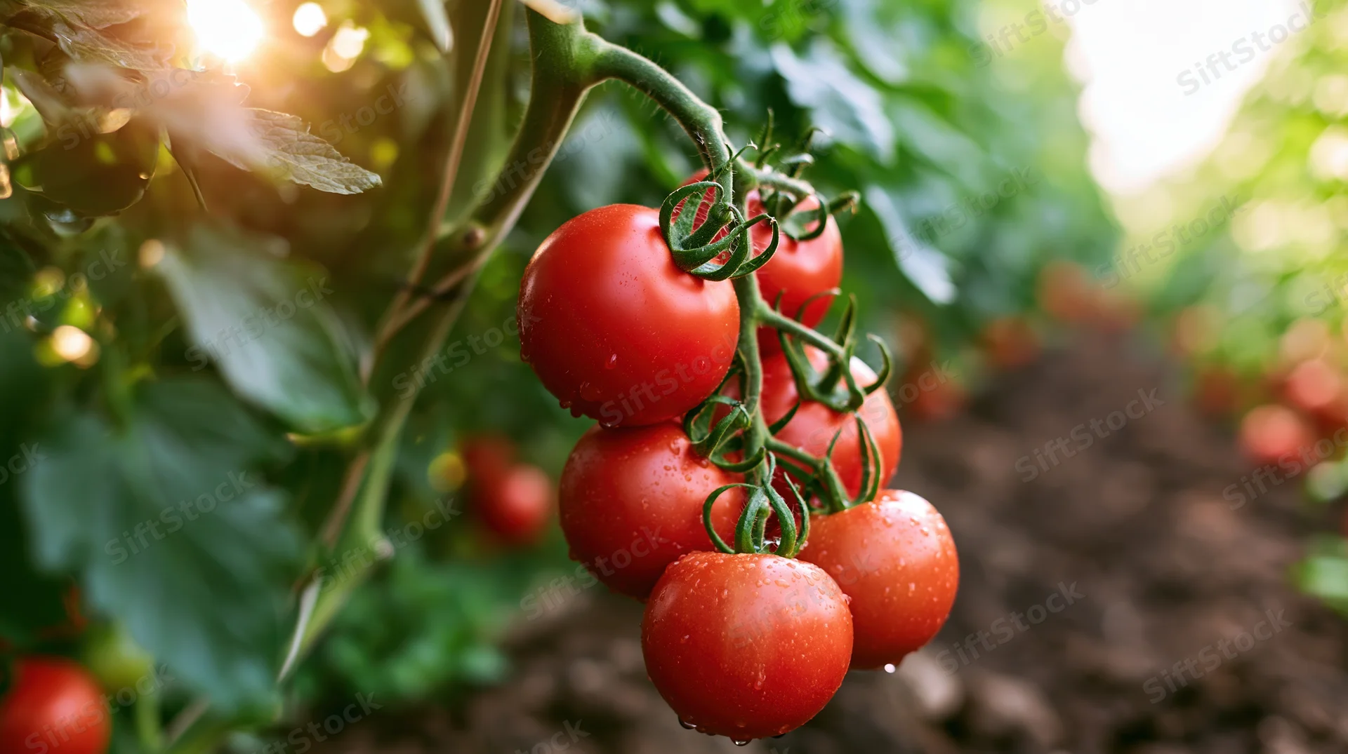 Ripe red tomatoes hanging on vine in outdoor garden with sunlight and dew