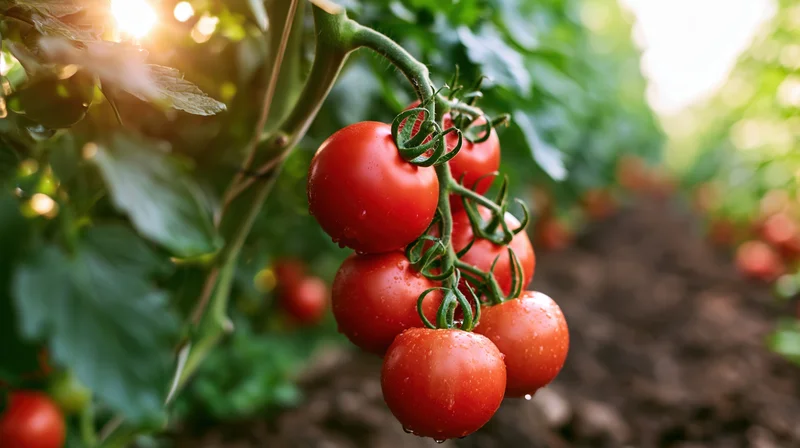 Ripe red tomatoes hanging on vine in outdoor garden with sunlight and dew