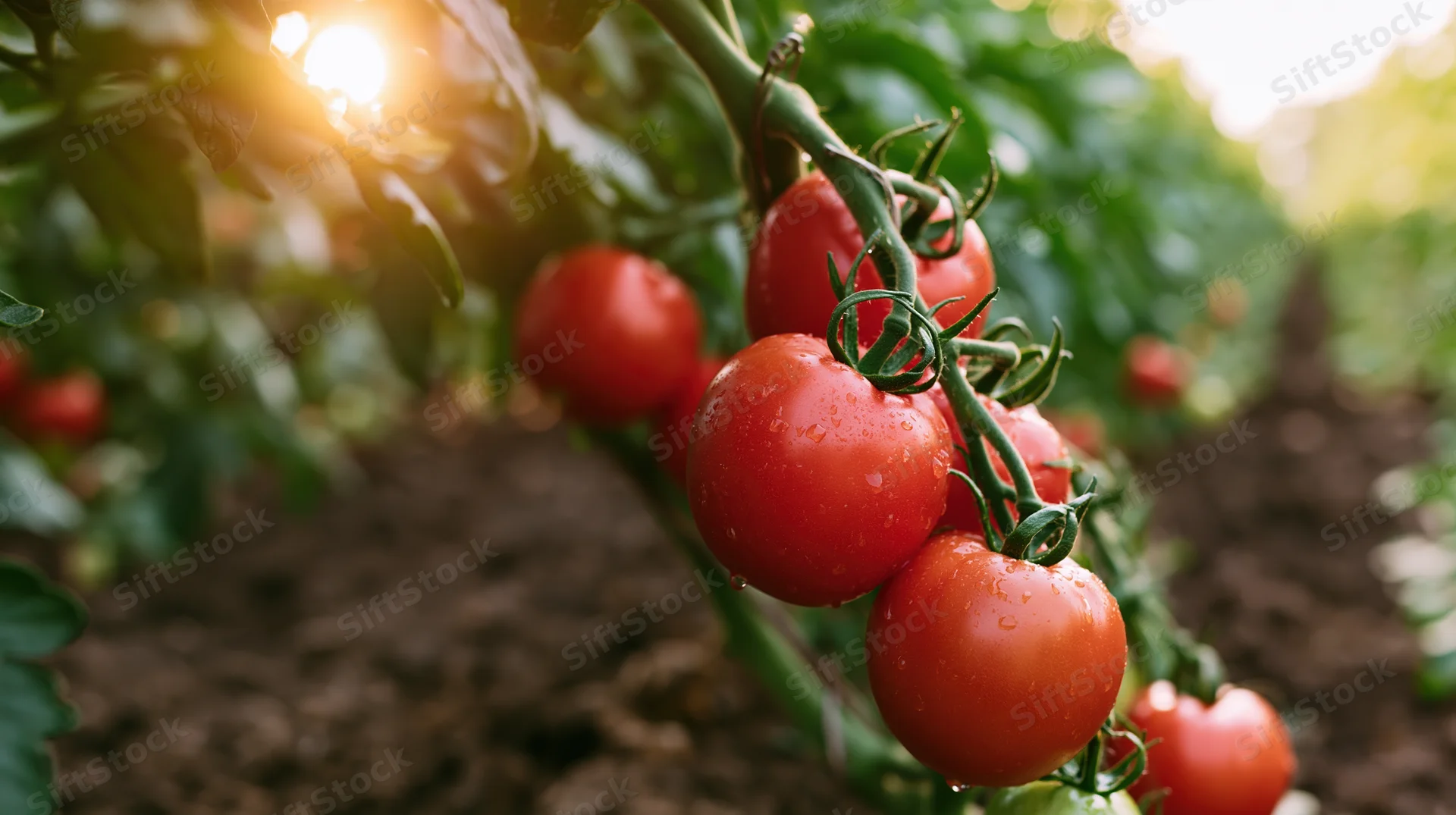 Ripe red tomatoes hanging on vine in outdoor garden at sunrise