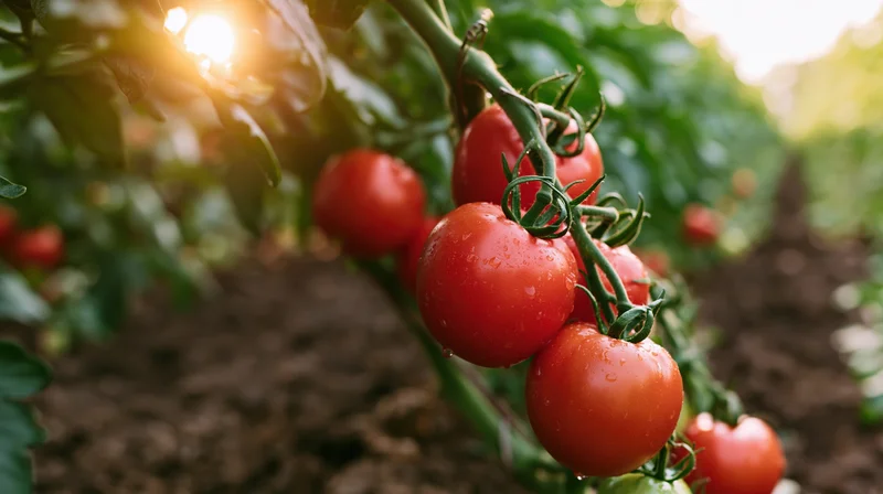 Ripe red tomatoes hanging on vine in outdoor garden at sunrise
