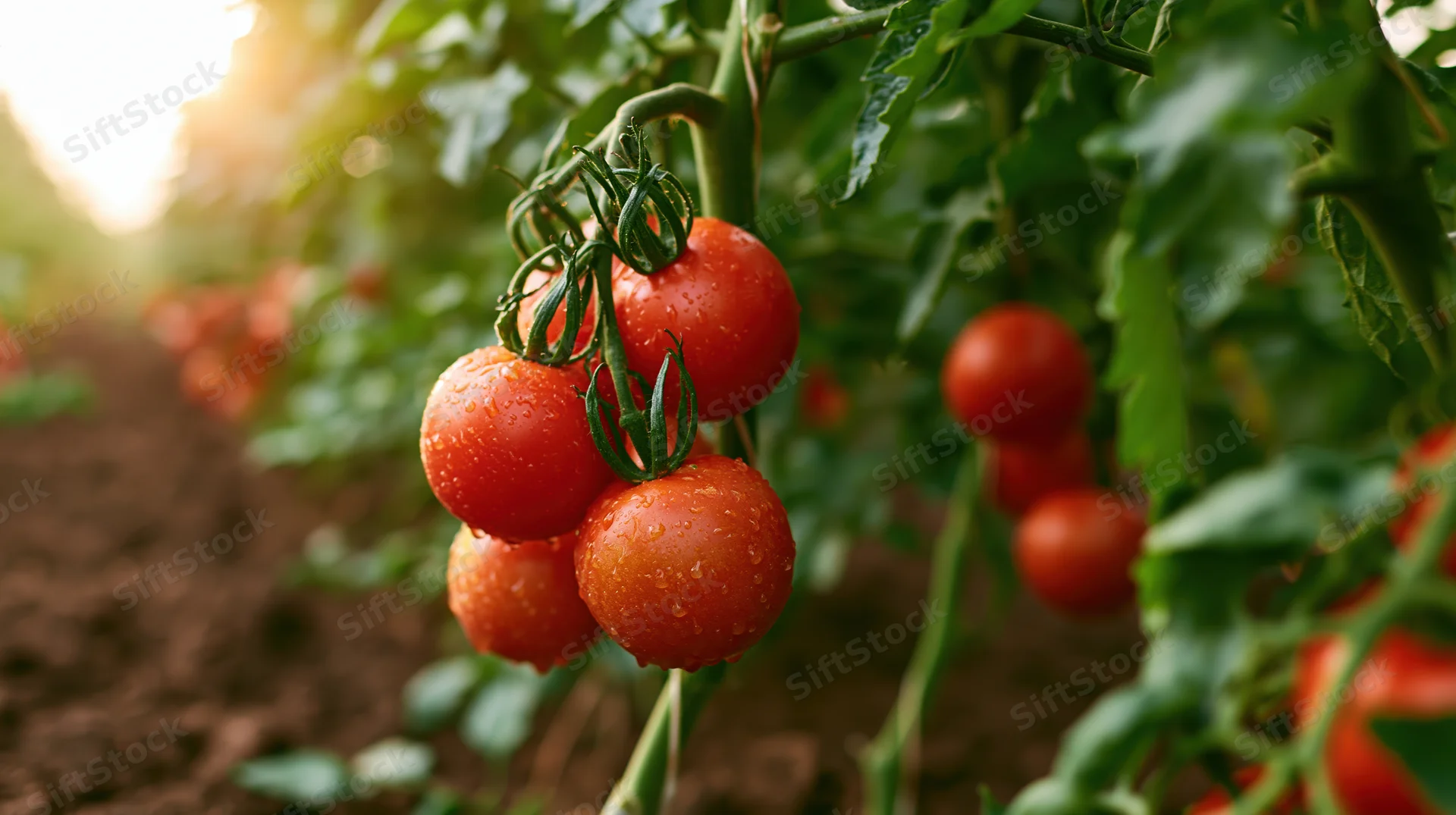 Ripe red tomatoes hanging on vine in outdoor garden with dew drops and green leaves