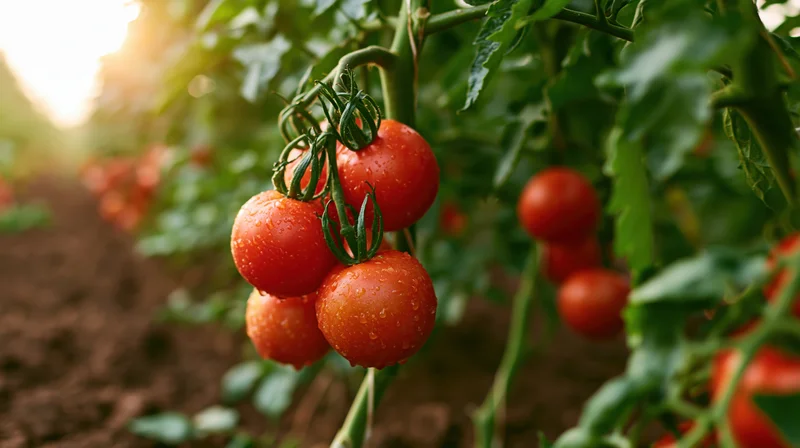 Ripe red tomatoes hanging on vine in outdoor garden with dew drops and green leaves