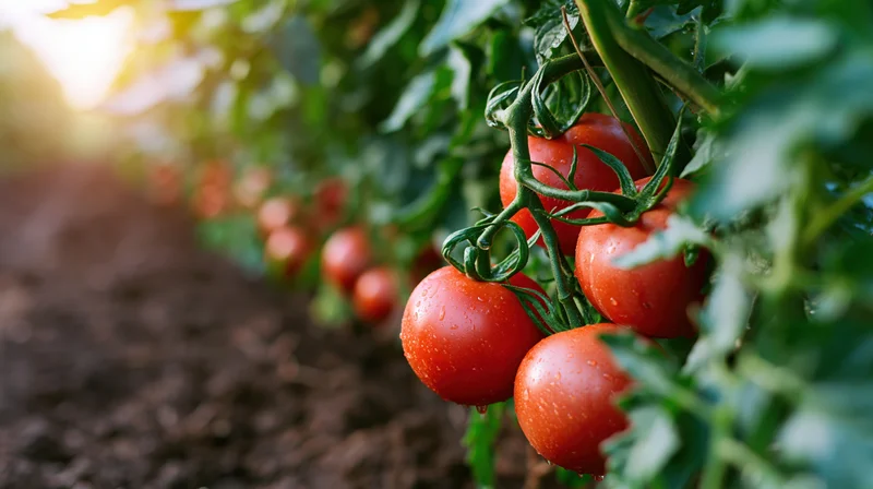 Ripe red tomatoes hanging on vine in outdoor garden row
