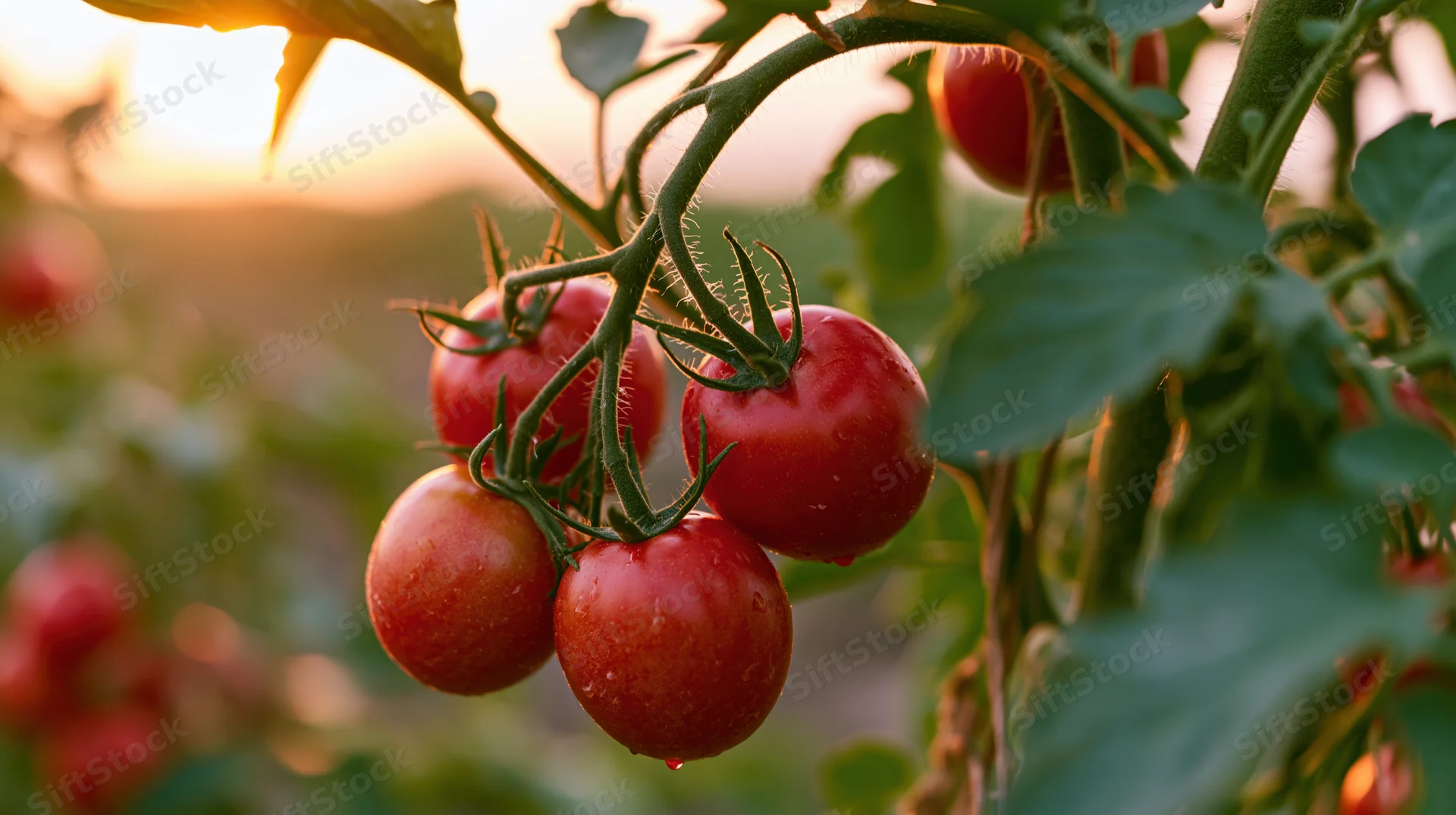 Ripe red tomatoes in clusters on green vines in a garden at sunset