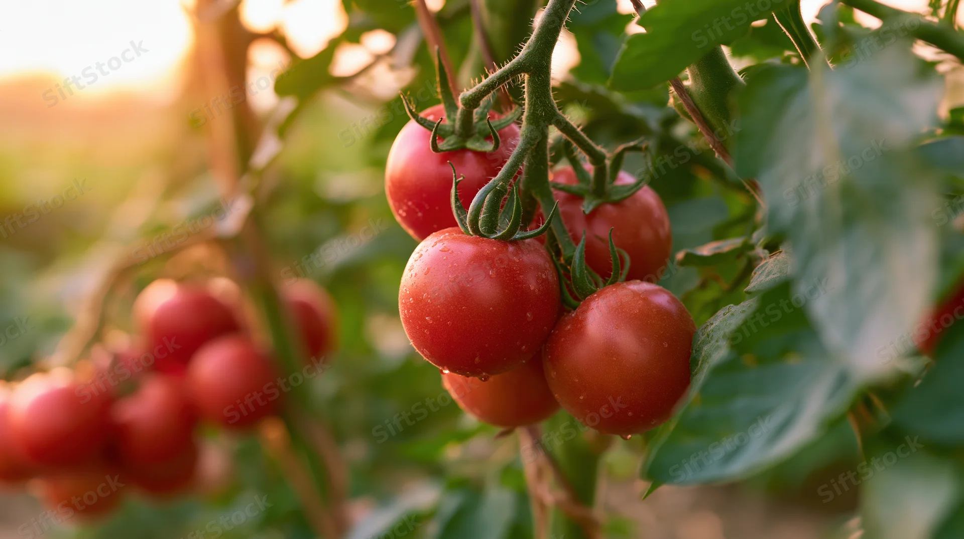 Ripe red tomatoes in clusters on green vines in a garden at sunrise