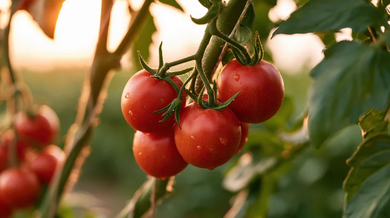Ripe red tomatoes clustered on green vines in a garden at sunrise