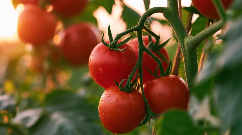 Ripe red tomatoes hanging in clusters on green garden vines in sunlight