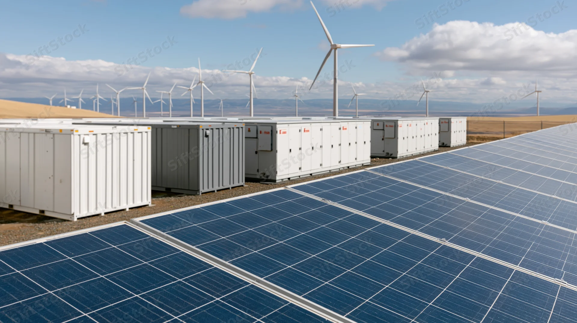 Solar panels in rows with wind turbines and battery storage containers in a desert landscape under a blue sky with clouds