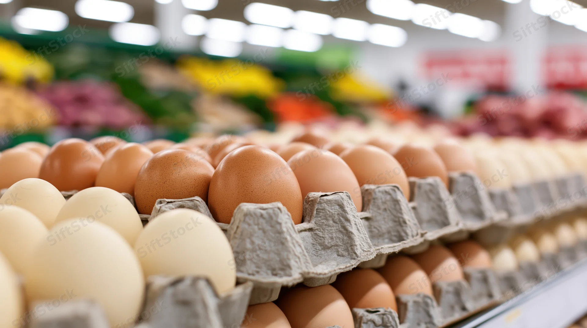Rows of brown and cream chicken eggs in cardboard cartons on a supermarket shelf