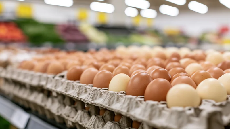Rows of brown and cream chicken eggs in cardboard cartons on a supermarket shelf