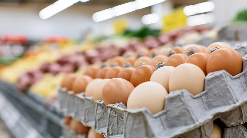 Rows of brown and cream chicken eggs in grey cardboard cartons on a supermarket shelf