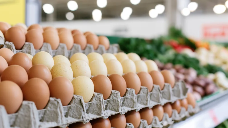 Rows of brown and cream chicken eggs in cardboard cartons on a supermarket shelf