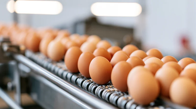 Brown chicken eggs moving along a stainless steel conveyor belt in a food processing factory