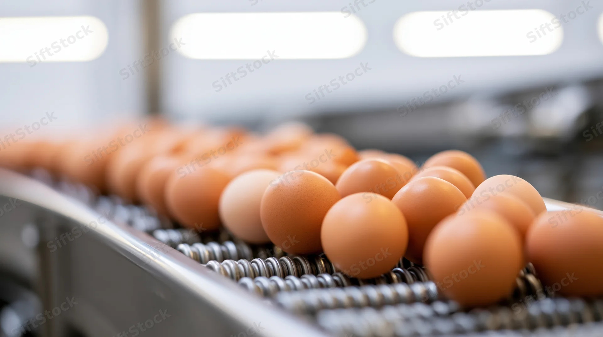 Brown chicken eggs moving along a stainless steel conveyor belt in a food processing factory