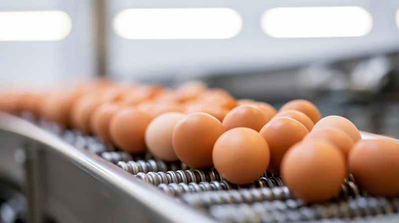 Brown chicken eggs moving along a stainless steel conveyor belt in a food processing factory