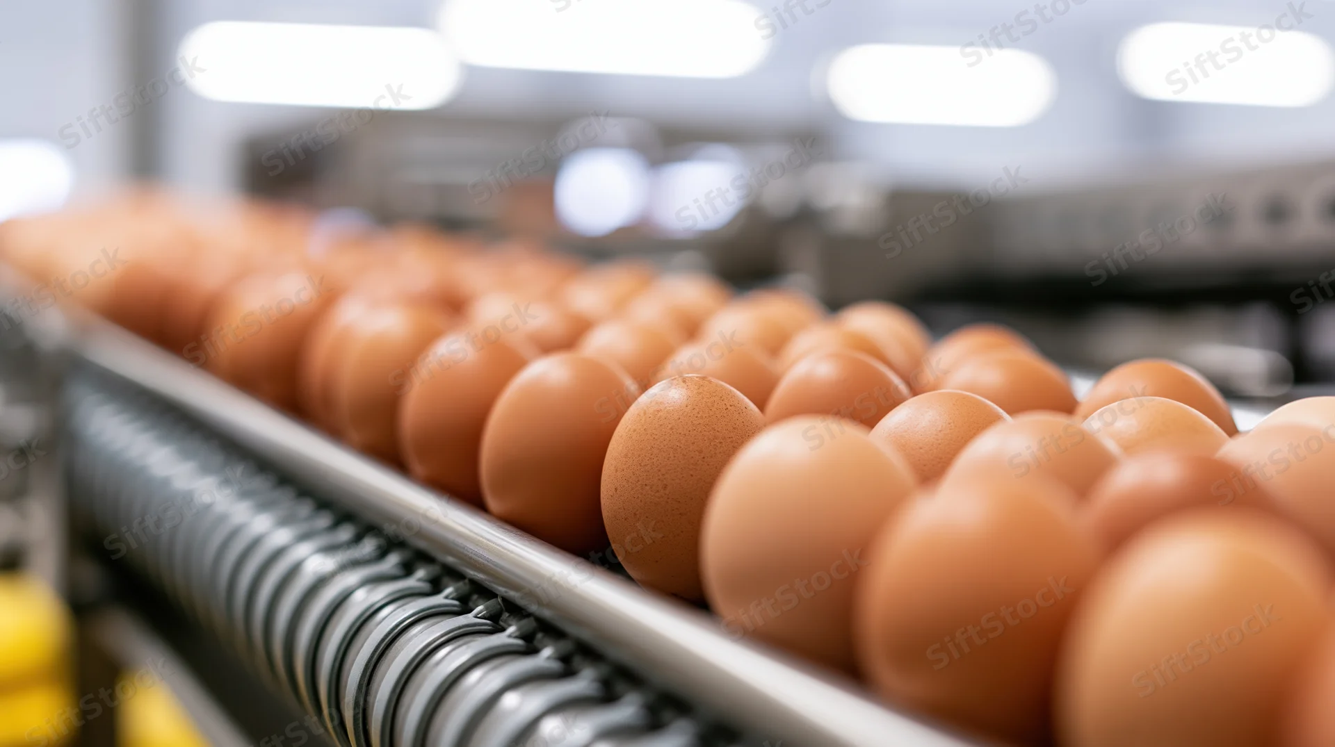 Brown chicken eggs moving along a stainless steel conveyor belt in a food processing factory