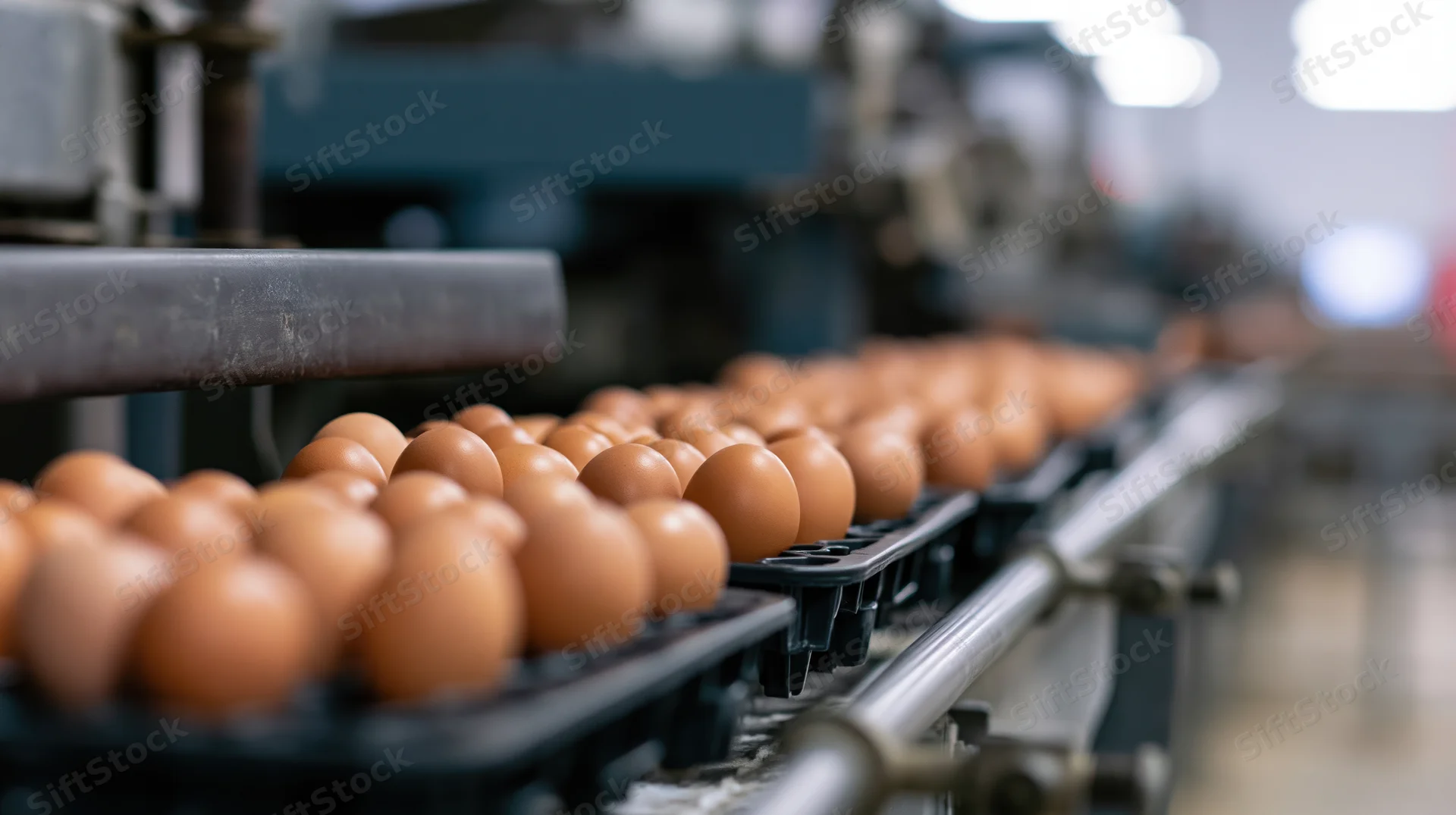 Brown chicken eggs moving along an automated conveyor in a food processing factory