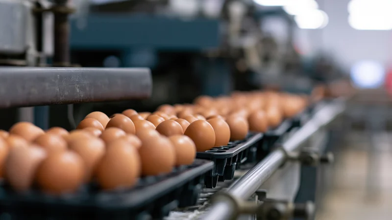 Brown chicken eggs moving along an automated conveyor in a food processing factory