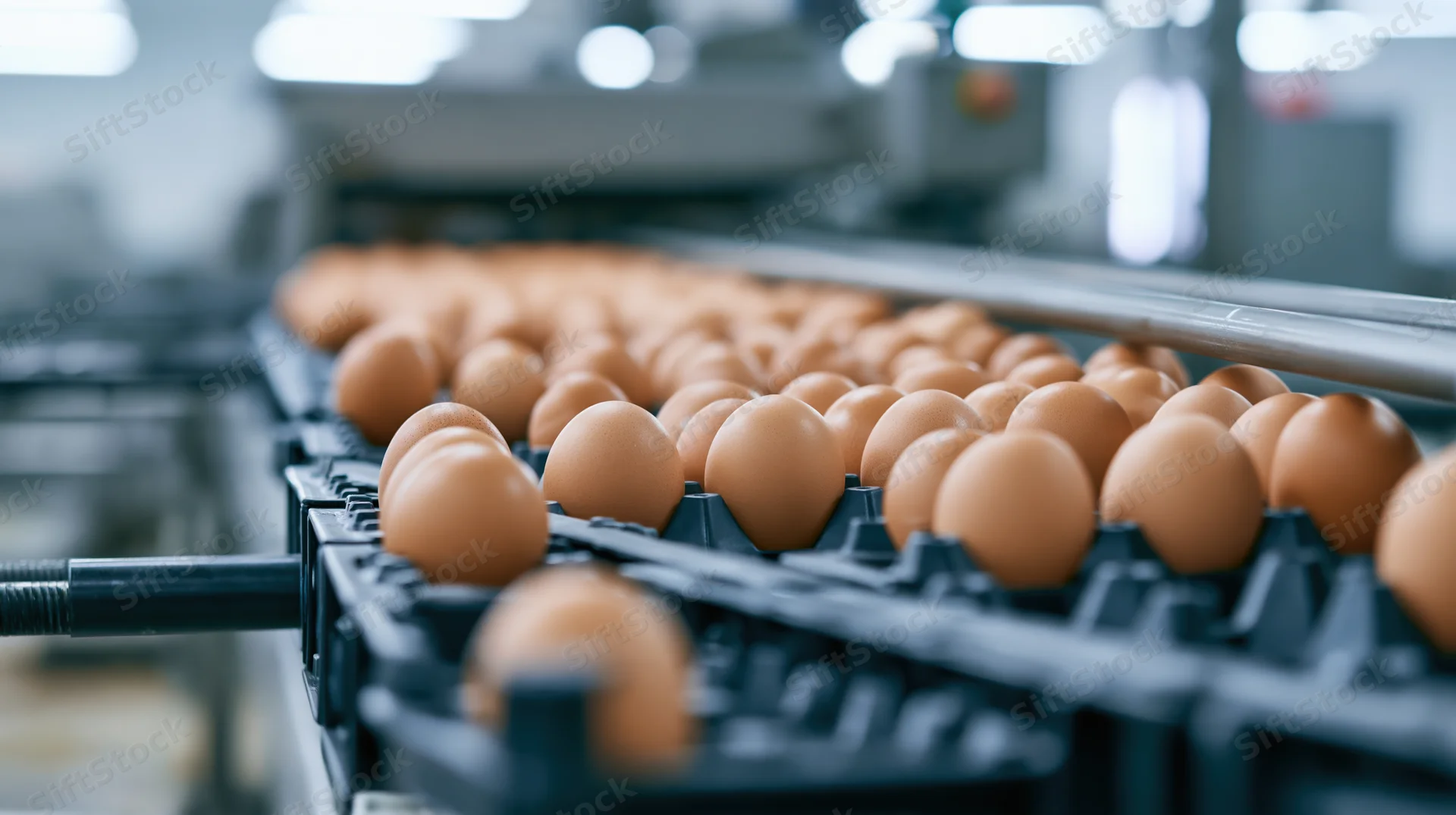 Brown chicken eggs moving along an automated conveyor in a factory setting