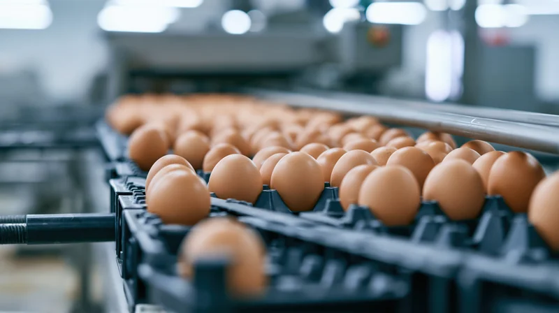 Brown chicken eggs moving along an automated conveyor in a factory setting