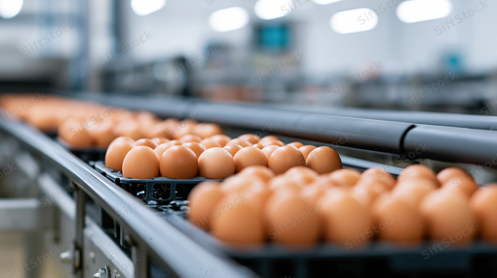 Brown chicken eggs moving along an automated conveyor in a food processing factory