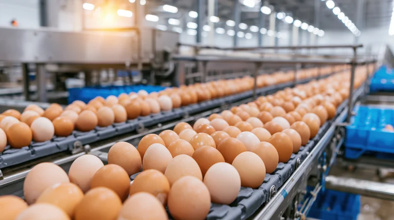 Brown and white chicken eggs moving along metal conveyor belts inside a food processing factory