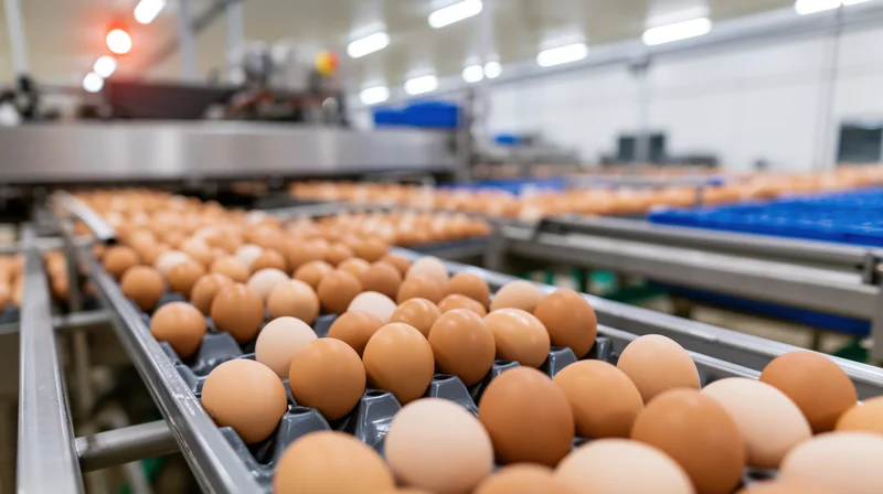Brown and white chicken eggs moving on gray metal conveyor belts inside a factory