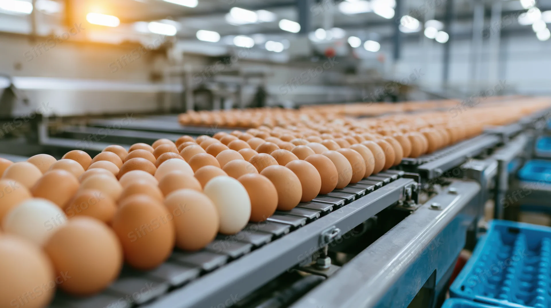 Brown and white chicken eggs moving along metal conveyor belts in a food processing factory