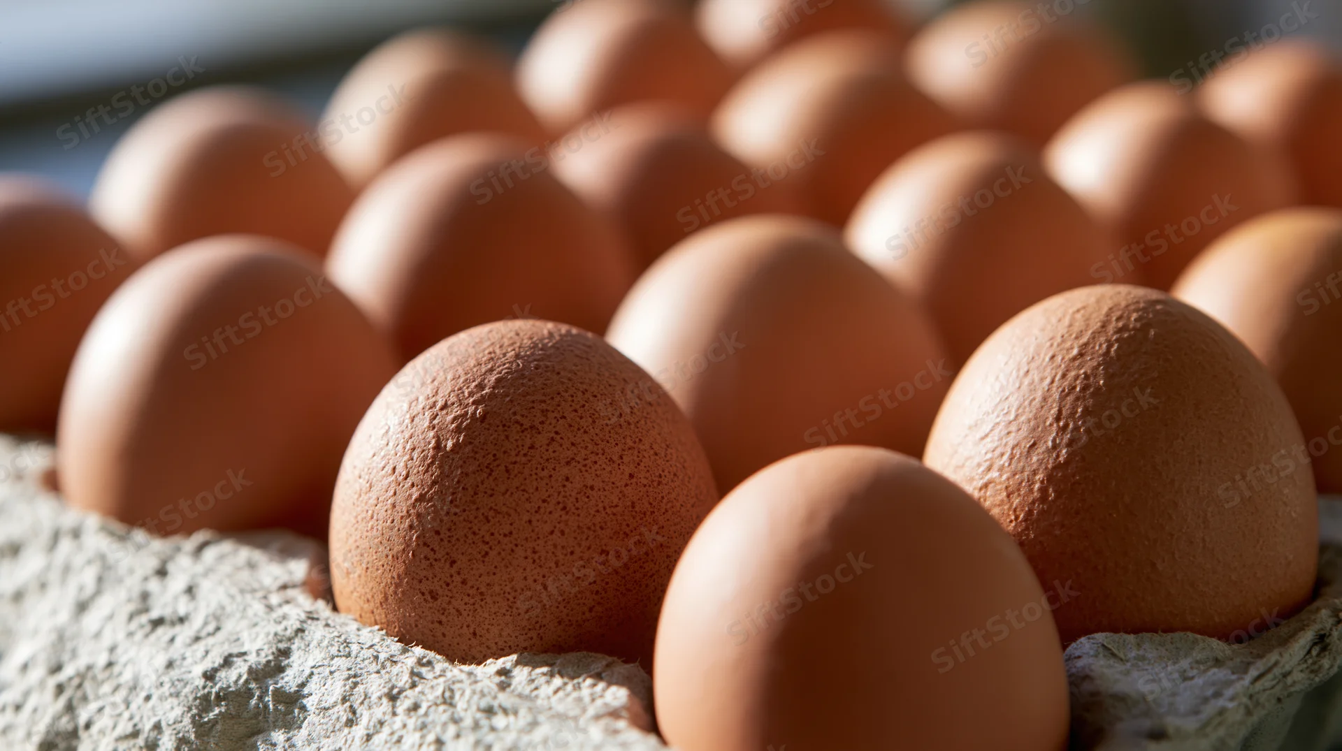 Brown chicken eggs arranged in a grey cardboard carton