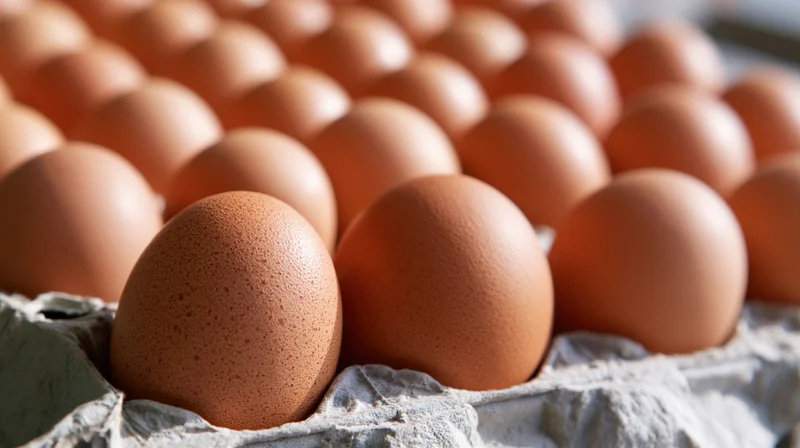 Rows of brown chicken eggs arranged in a grey cardboard carton