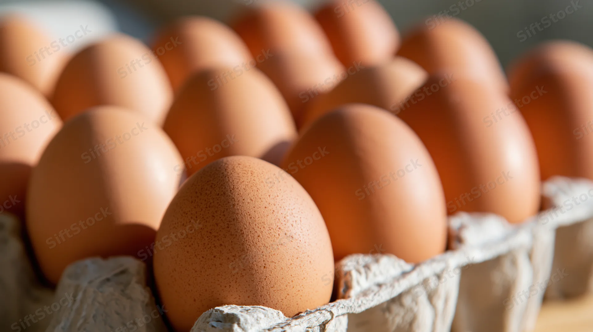 Brown chicken eggs arranged in a cardboard carton on a wooden surface
