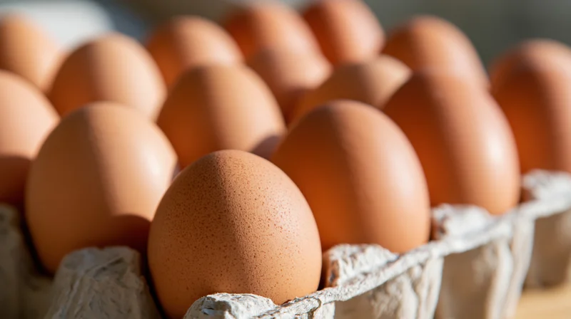 Brown chicken eggs arranged in a cardboard carton on a wooden surface