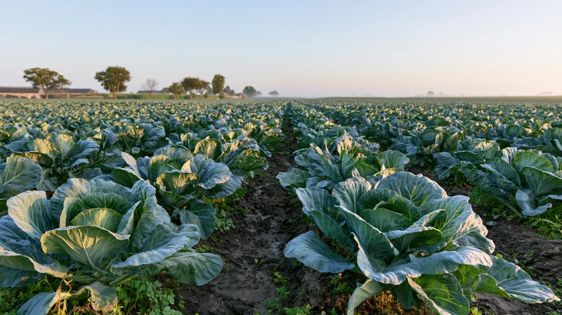 Rows of green cabbage plants growing in a field stretching to the horizon