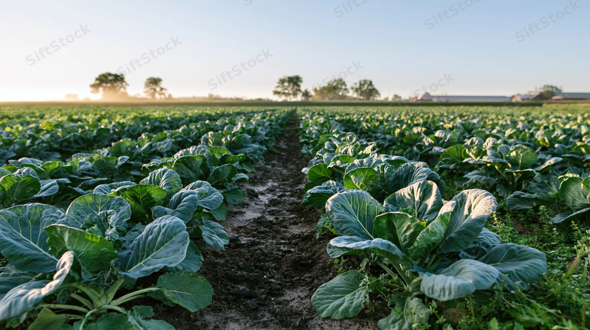Rows of green cabbage plants growing in a field at sunrise