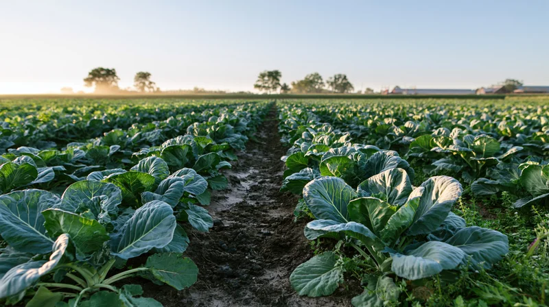 Rows of green cabbage plants growing in a field at sunrise