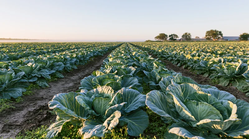 Rows of green cabbage plants growing in a field stretching to the horizon