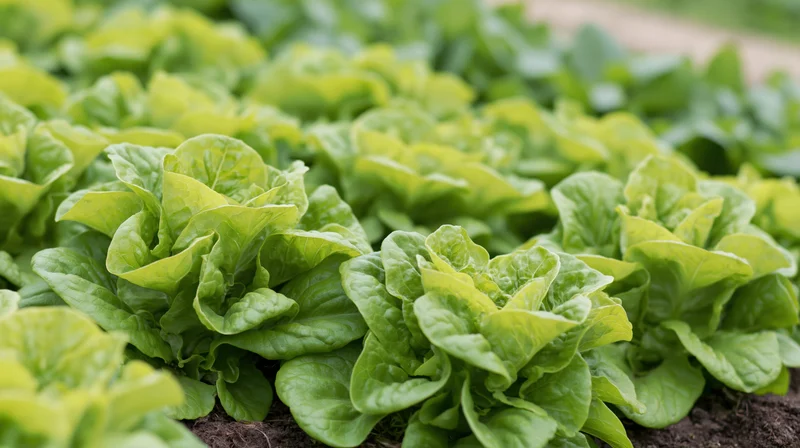 Rows of fresh green lettuce growing in a garden bed