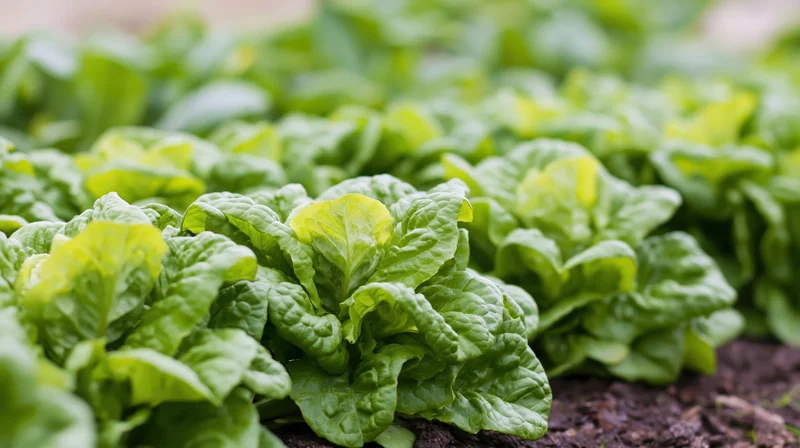 Rows of fresh green lettuce growing in a garden bed
