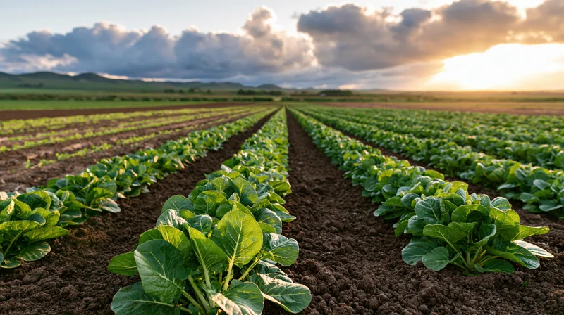Rows of leafy green vegetables growing in a cultivated field at sunset