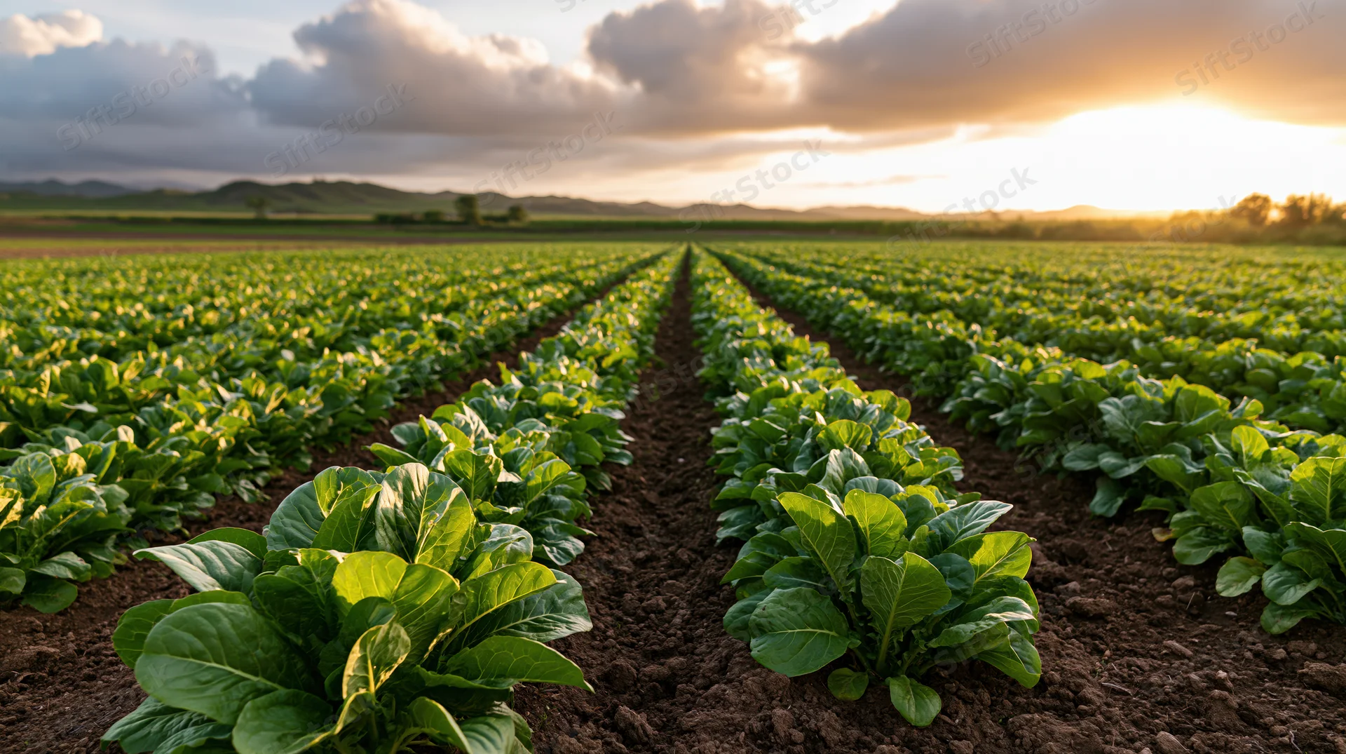 Rows of leafy green vegetable crops growing in a field at sunset