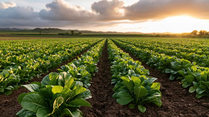 Rows of leafy green vegetable crops growing in a field at sunset