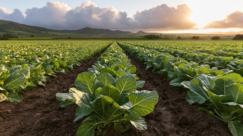 Rows of leafy green cabbage plants growing in a farm field at sunset