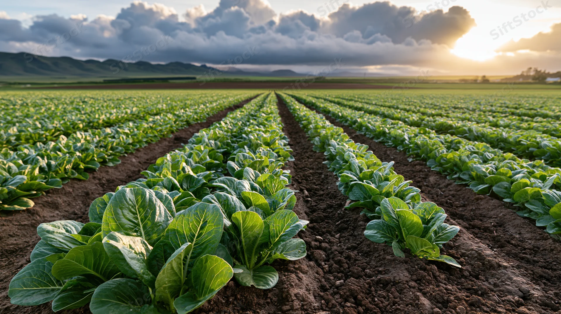Rows of leafy green vegetable crops growing in a field under a cloudy sky at sunset